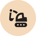 Icon of an excavator on an orange circular background.