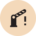 An icon showing a raised barrier gate with an exclamation mark on an orange circular background.