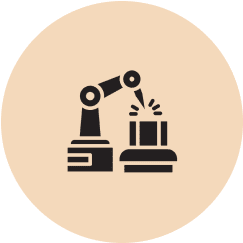 Icon of a robotic arm welding a piece of machinery, displayed in black