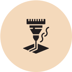 Icon of a 3D printer nozzle in black, depositing material onto a platform