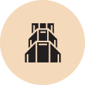 Icon of a bridge on an orange circle background.