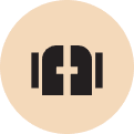 An abstract black logo resembling a stylized robot.