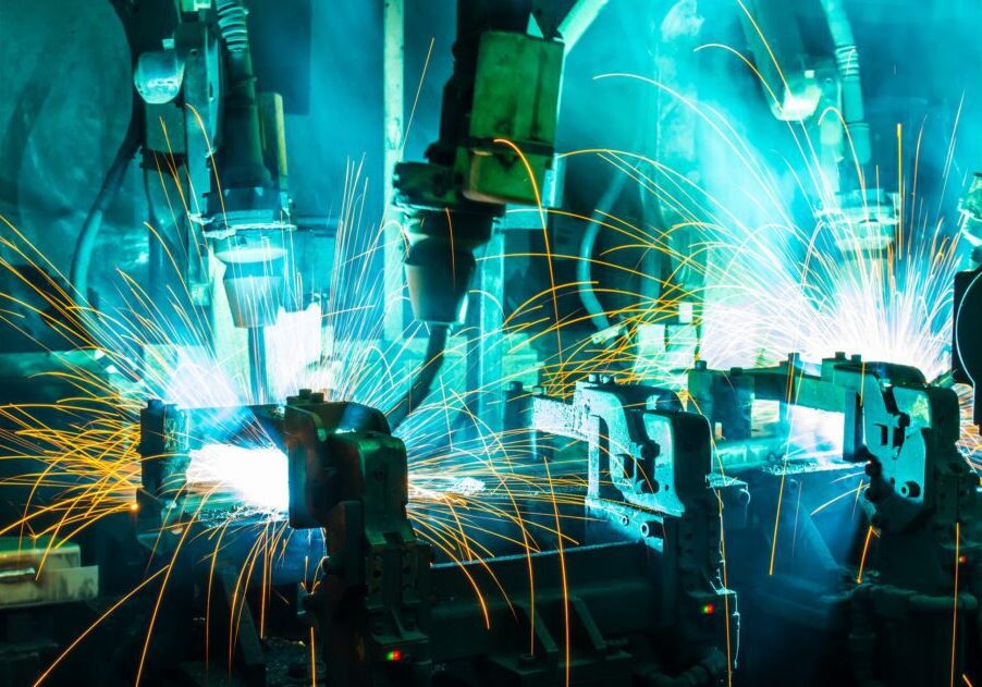 Robotic arms in a factory are welding metal, with bright sparks flying around.
